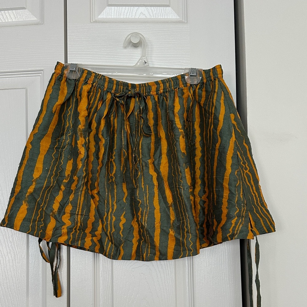 Green & Mustard Striped Mini Skirt with Tie Waist